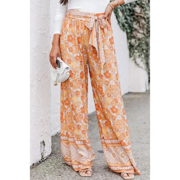 Pink Lily Pants - PINK LILY TIE WAIST BOHO FLORAL PRINT WIDE LEG PANTS